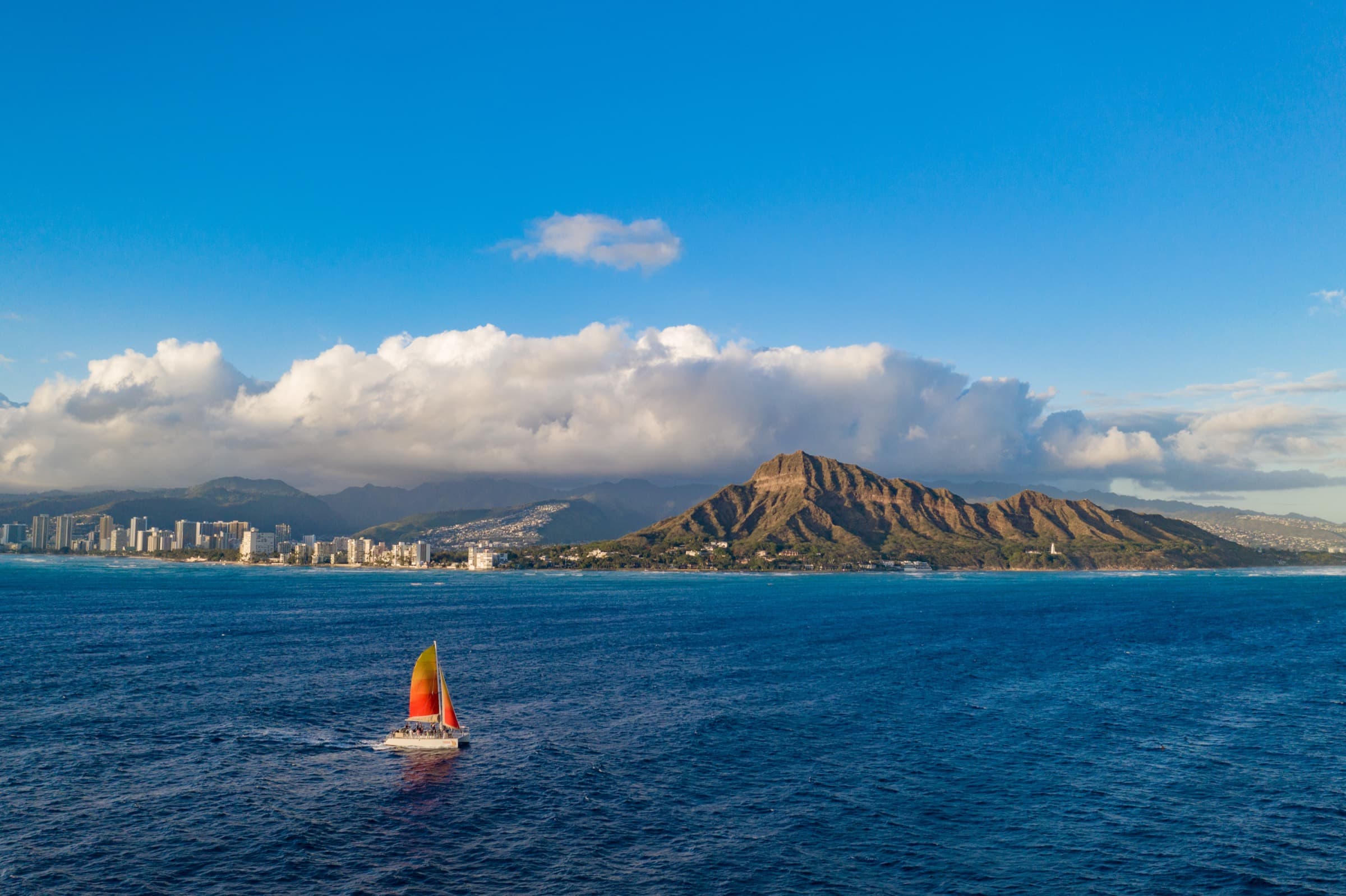 Catamaran off Waikiki with Diamond Head
